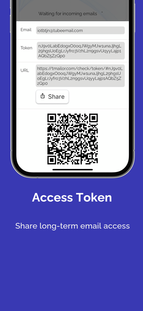 Écran du jeton d'accès montrant un code QR et des options de partage pour un accès e-mail à long terme dans l'application Temp Mail