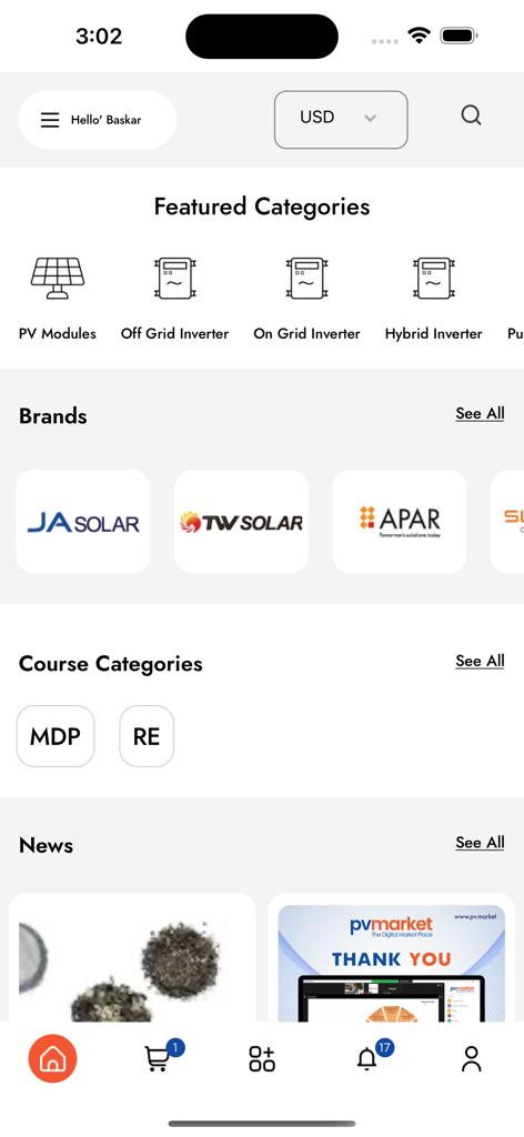 Home screen of the pvmarket app featuring solar component categories like PV modules and inverters alongside top industry brands