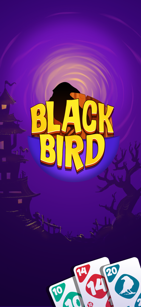 Blackbird: Family Card Game - Blackbirdファミリーカードゲームのロゴとスプラッシュスクリーン。紫色の背景とトランプが特徴。