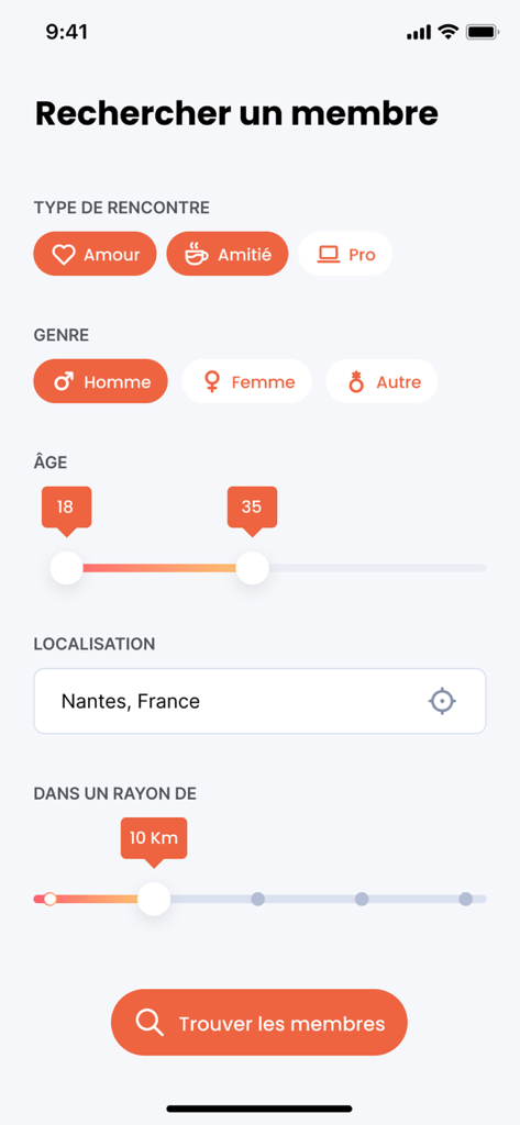 Atypikoo: rencontres atypiques - Écran de recherche de l'application Atypikoo montrant les filtres pour le type de rencontre, le genre, l'âge et la localisation