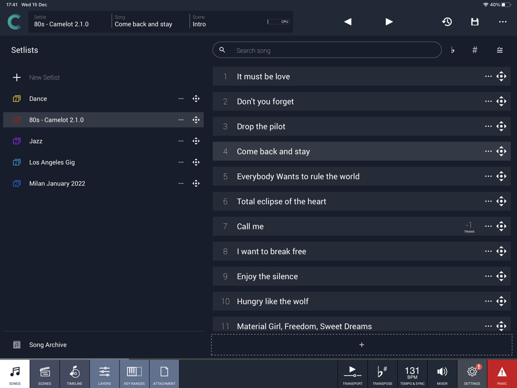 Camelot Pro app interface showing song setlists and performance management for musicians.