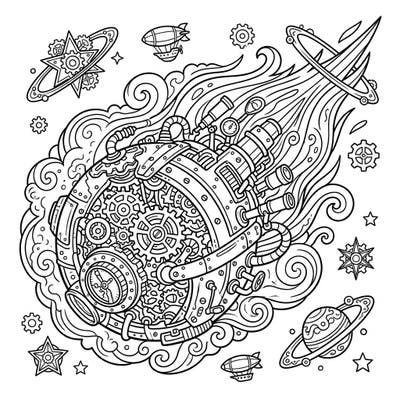Dive into a universe where cosmic bodies meet intricate machinery with this unique Steampunk Comet Nuclei coloring page. Discover a celestial sphere adorned with gears, gauges, and retro-futuristic elements, ready for your creative touch.
