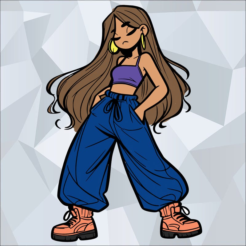 girl in baggy pants crop top and long hair