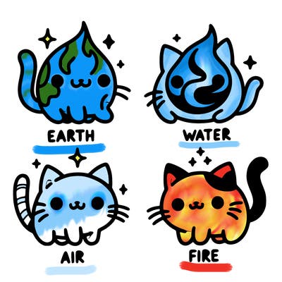 4 cats that represent the different elements, earth, water, air, and fire
