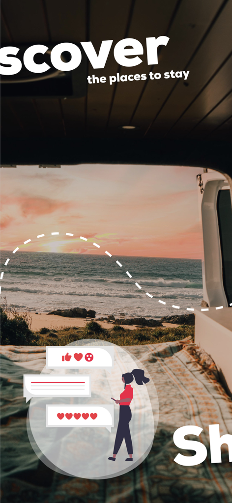 View from inside a camper van looking out at a beach sunset with icons for community reviews and travel discovery