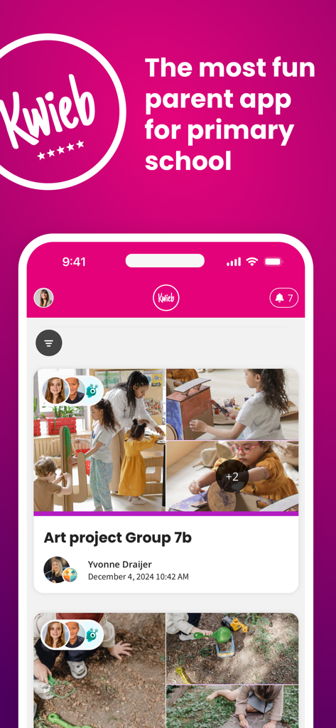 Ziber Kwieb - Ziber Kwieb mobile app interface showing a primary school class timeline with student art project photos.