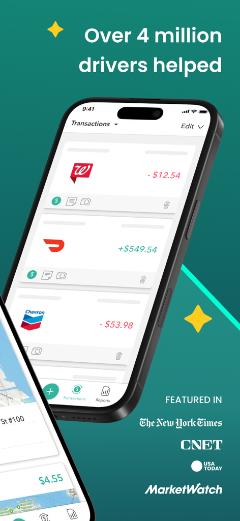 Everlance: Mileage Tracker - Everlance mobile app displaying a transaction history for gig workers with company logos and media features