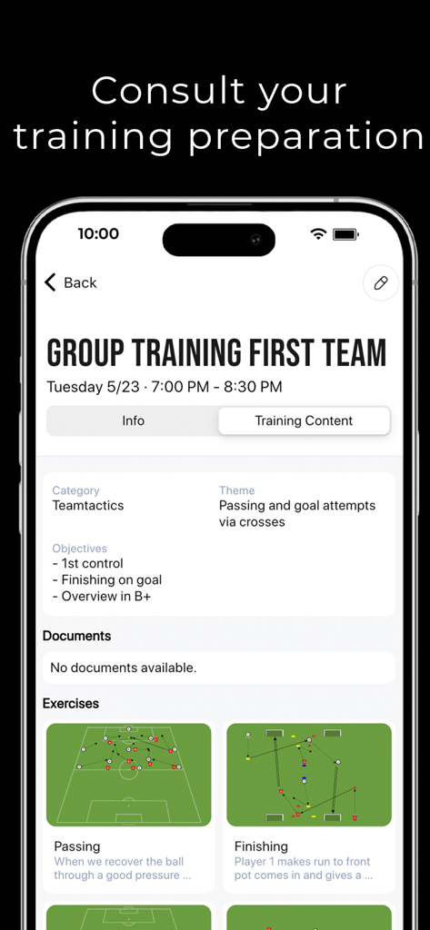 Ein Dashboard für Fußballtrainer mit einem Trainingsplan inklusive Diagrammen und taktischen Zielen