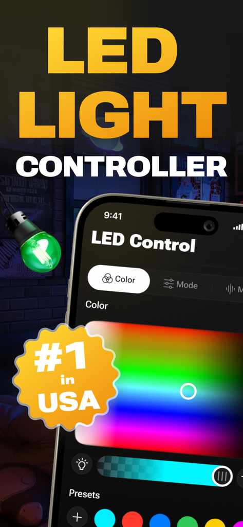 Écran de smartphone montrant l'application de télécommande de bande LED avec un sélecteur de couleur et un curseur de luminosité
