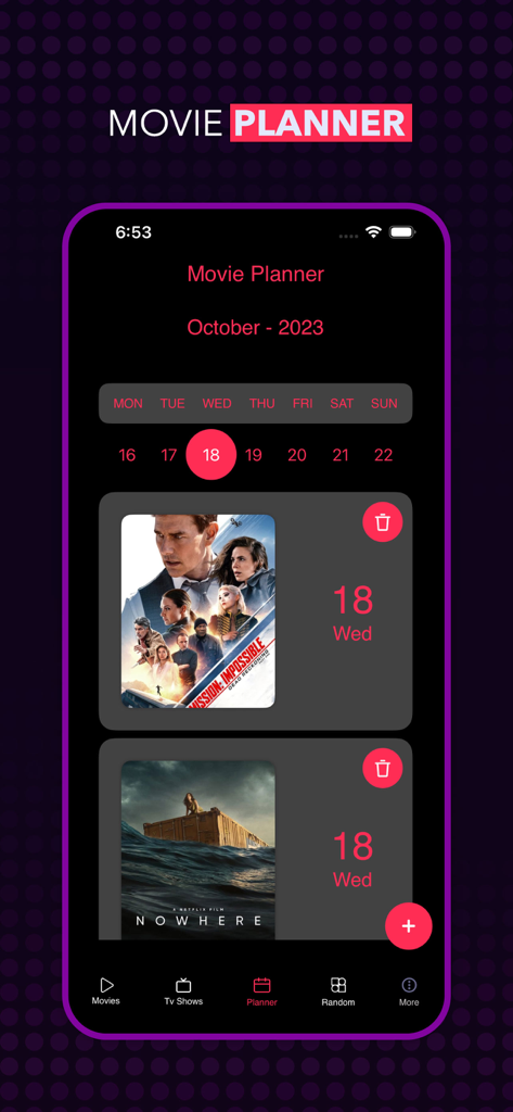 Screenshot of the Netmirror app movie planner screen displaying a calendar with scheduled films for October 2023