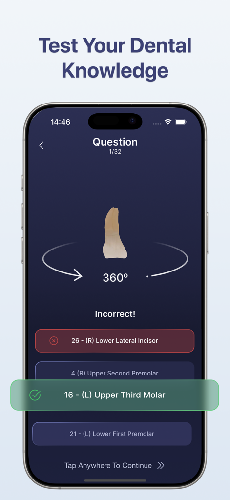 DentaCore: 3D Dental Anatomy - 3D dental anatomy quiz on the DentaCore mobile app