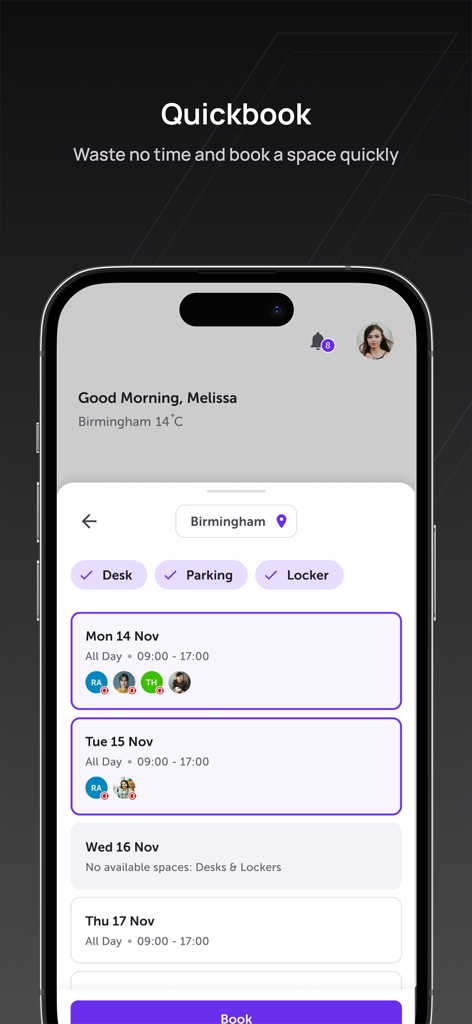 RICOH Spaces - RICOH Spaces app interface for quick desk and parking booking