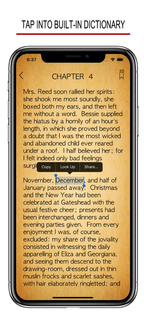 Smartphone screen displaying a classic book with a built-in dictionary lookup feature.