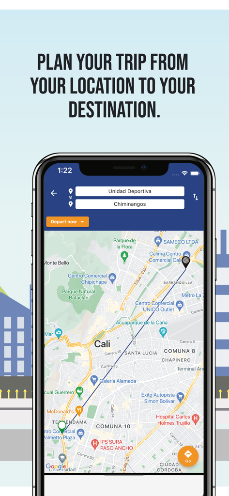 Rutas MIO app interface for planning transit routes on a map of Cali Colombia