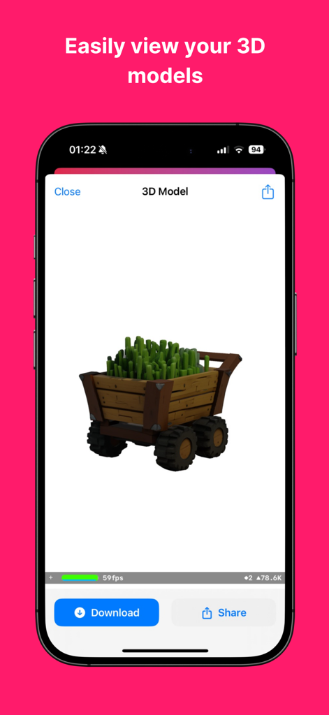 A smartphone screen displaying a generated 3D cart model with download and share options.