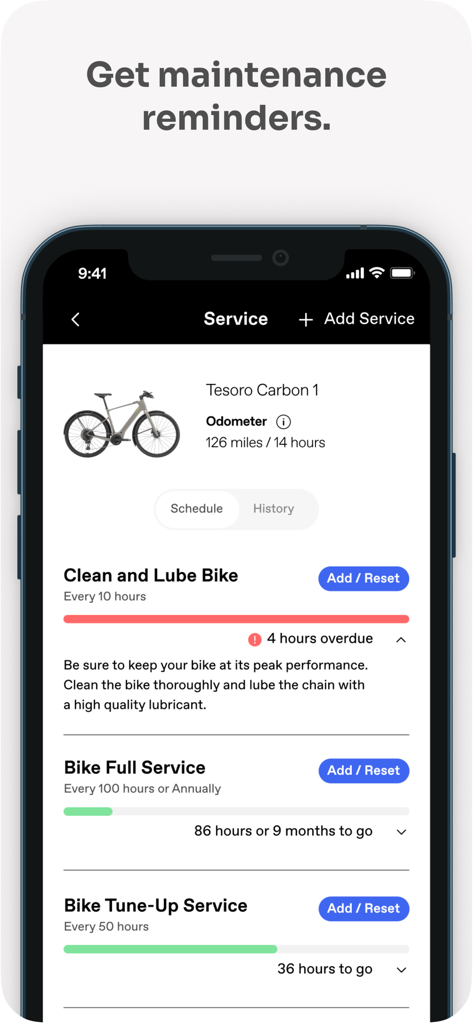 Cannondale - The Cannondale app service screen displaying maintenance tasks like cleaning and full service with hours until next service.
