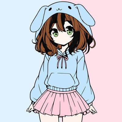 pretty anime girl wearing a fluffy hoodie with bunny ears on the hood and a skirt