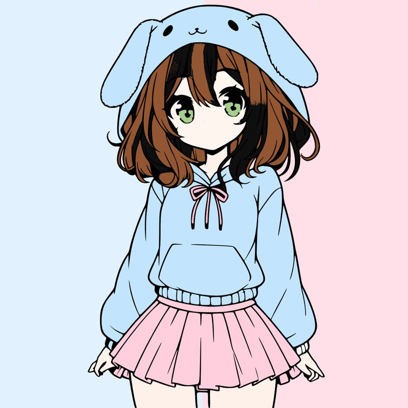 pretty anime girl wearing a fluffy hoodie with bunny ears on the hood and a skirt