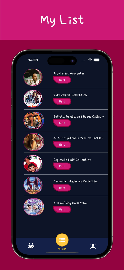 GameBox:Screw Movies Track - La pantalla Mi lista en la aplicación GameBox que muestra varias colecciones y líneas temporales de películas.
