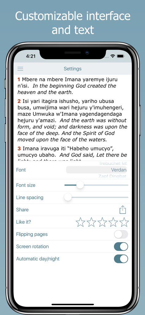 Interface of the Kinyarwanda Bible app showing customizable text settings including font size and line spacing.