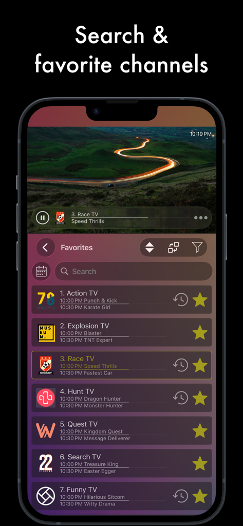 iSTB app interface displaying a list of favorite IPTV channels and a search bar on an iPhone