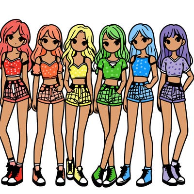 a group of girls wearing crop tops and shorts