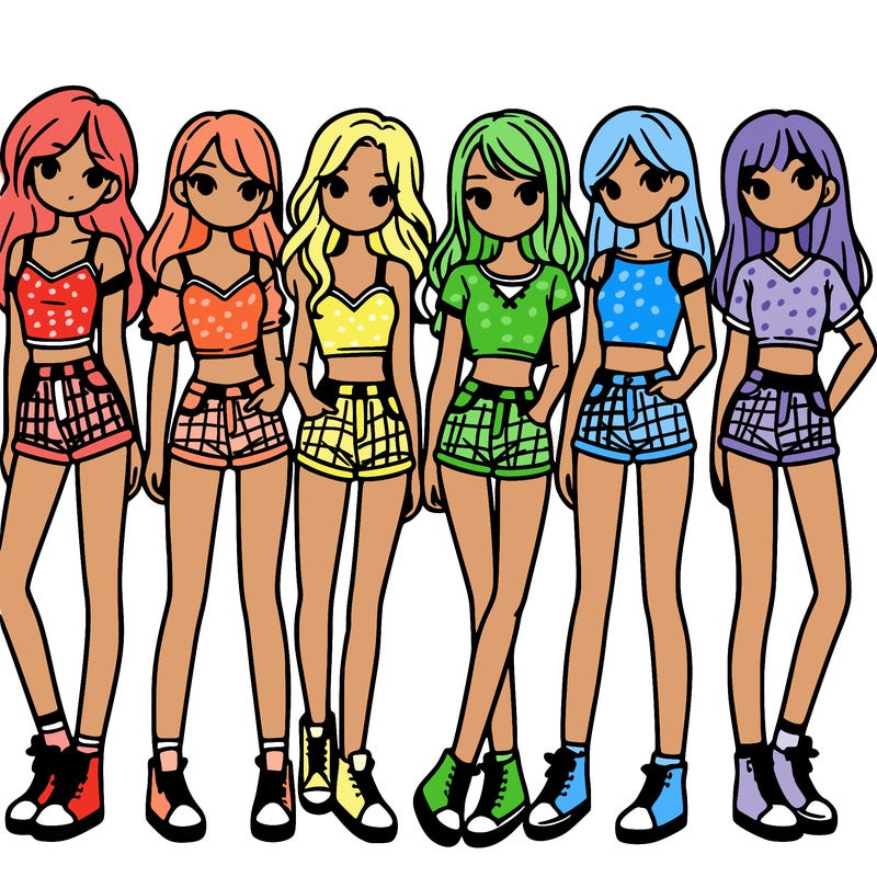 a group of girls wearing crop tops and shorts