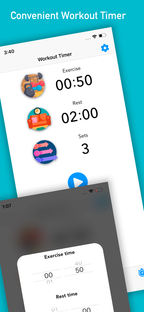 Interfaz del temporizador de ejercicios de la aplicación Roman que muestra la duración del ejercicio, el tiempo de descanso y la configuración de las series.