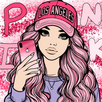realistic beautiful girl wearing los ángeles cap holding an iphone