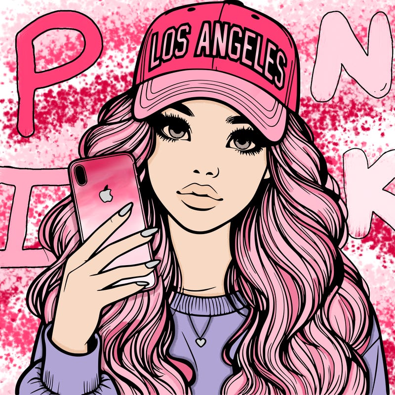 realistic beautiful girl wearing los ángeles cap holding an iphone