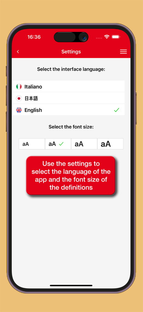 Einstellungsbildschirm der Hoepli-Japanisch-Wörterbuch-App mit Sprachauswahl für Italienisch, Japanisch und Englisch sowie Schriftgrößenanpassungen