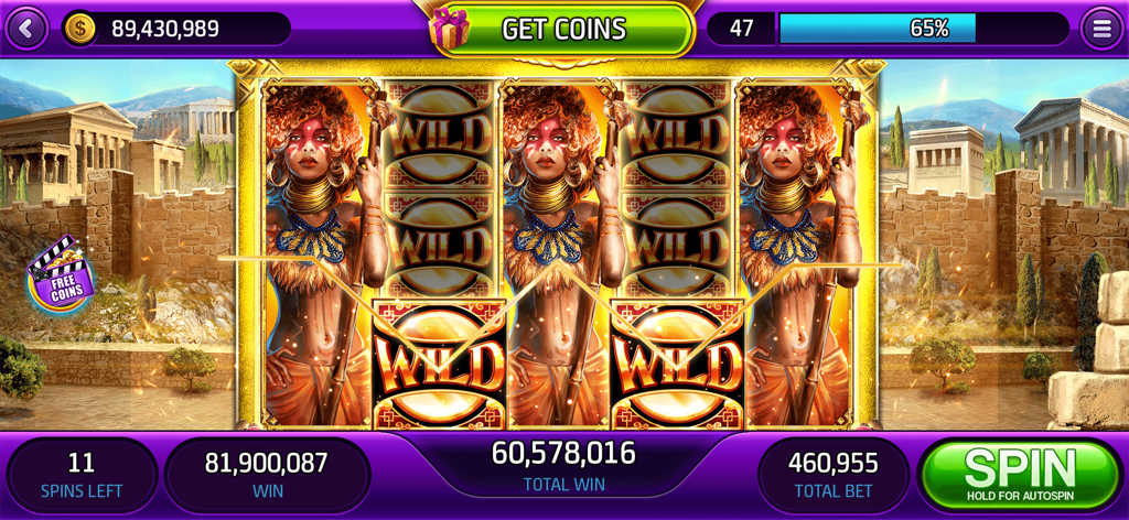 FunWave Slots & Jackpot Casino - Gameplay screenshot of FunWave Slots showing a major coin win on a tribal-themed slot machine with wild symbols and ancient Greek background.
