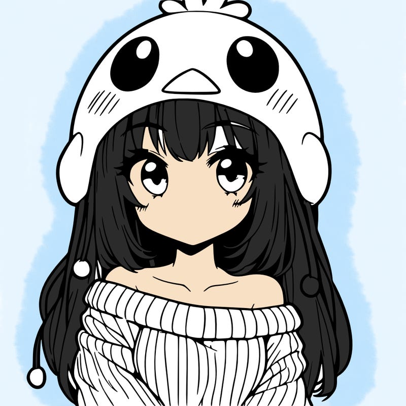 anime girl with chick shaped hat with sweater with bare shoulders with bangs covering them one eye with low tail