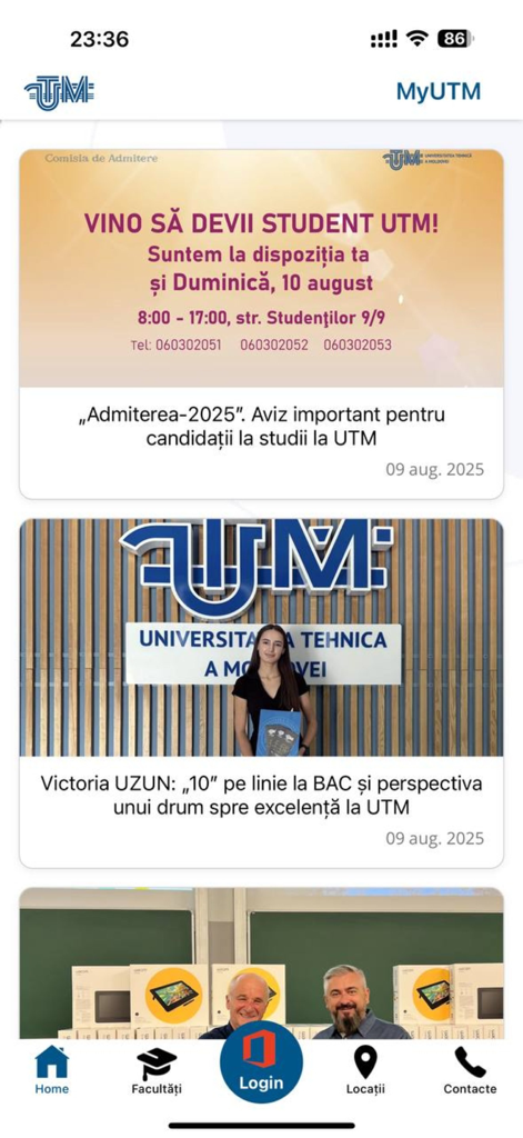 MyUTM Moldova - Home screen of the MyUTM Moldova app displaying university news feed and bottom navigation menu