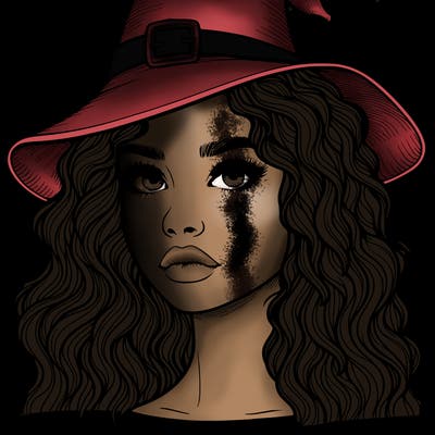realistic girl with wavy hair a witch hat and a nose and lips and eyes