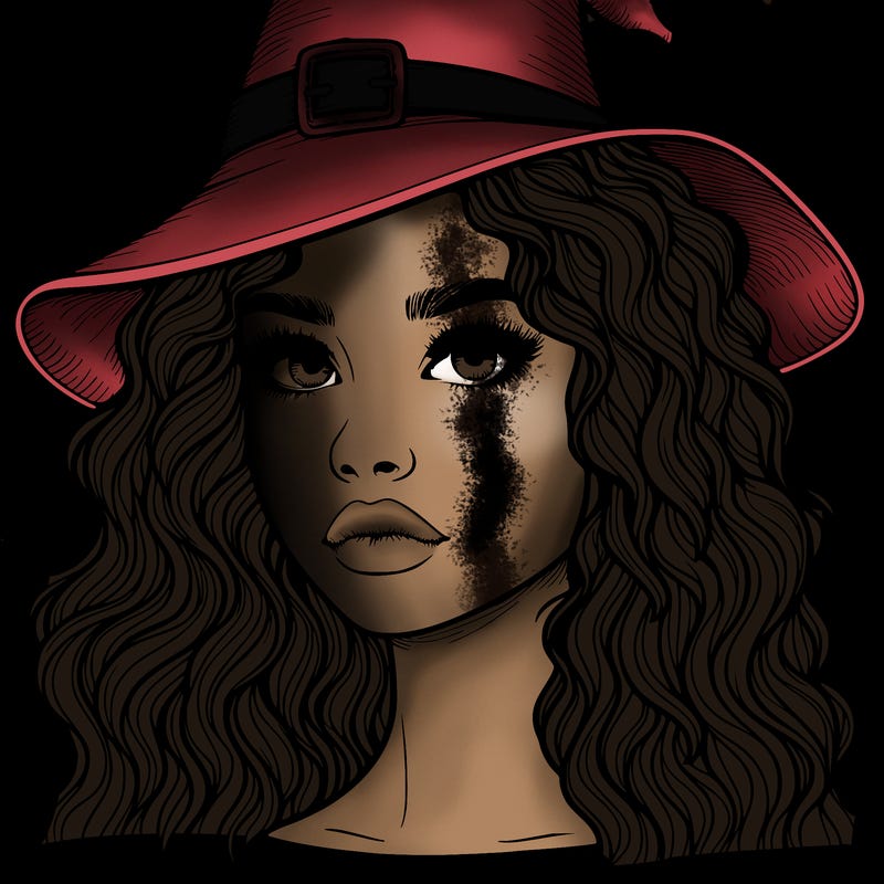 realistic girl with wavy hair a witch hat and a nose and lips and eyes