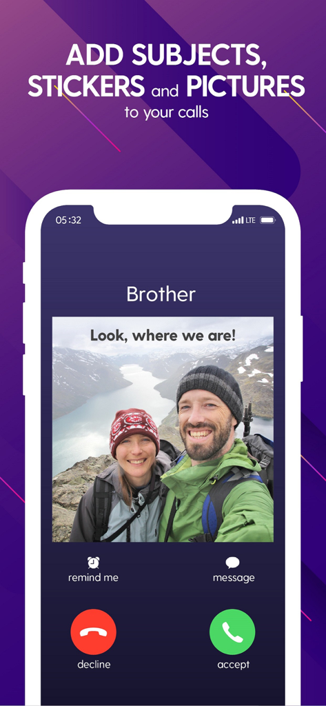 Incoming call interface on UpCall app featuring a personalized picture and note