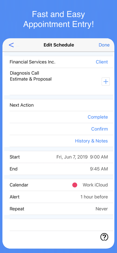 Interfaz de la aplicación Scheduler que muestra cómo editar y gestionar una cita, incluidos los detalles del cliente y la configuración de la hora.