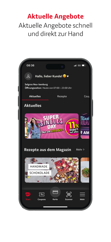 Selgros (New) - Startbildschirm der Selgros-App mit aktuellen Aktionsbannern und Rezeptvorschlägen.