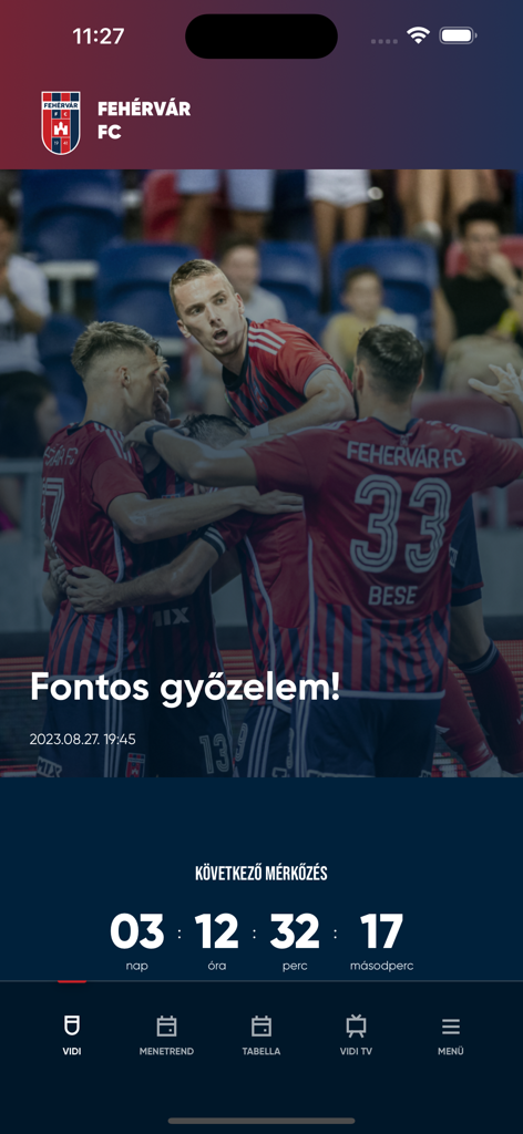 Vidi app - Home screen of the Vidi app for Fehervar FC featuring a celebration photo and a countdown to the next match