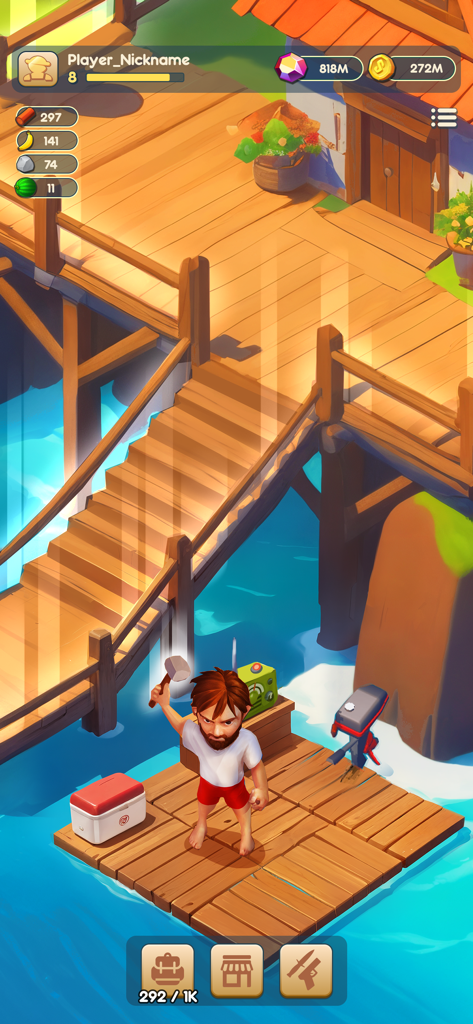 Raft® Survival Adventure Quest - Un personaje sosteniendo un martillo en una balsa de madera junto a un edificio junto al mar que muestra crafteo y gestión de recursos.