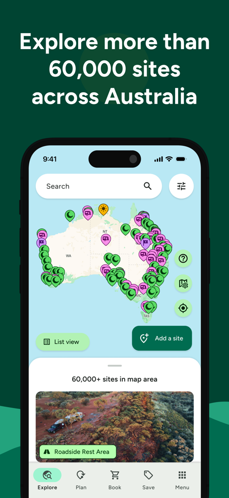 WikiCamps Australia app screen showing an interactive map with thousands of camping sites across the country.