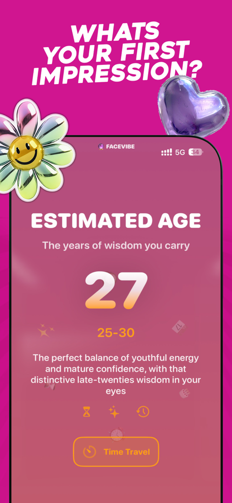 FaceVibe AI - get analyzed - FaceVibe AI estimated age report showing age 27 with personality insights and time travel button