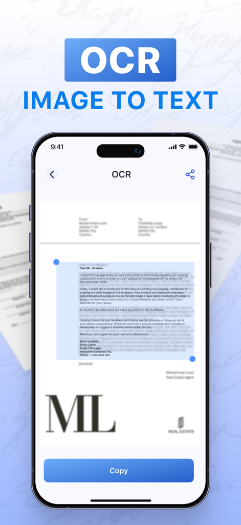 La interfaz de OCR de imagen a texto en la aplicación eSign para iPhone