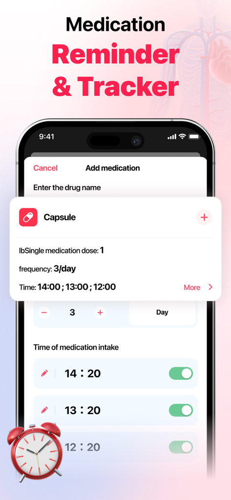 A mobile interface for adding medications and setting reminder times and doses