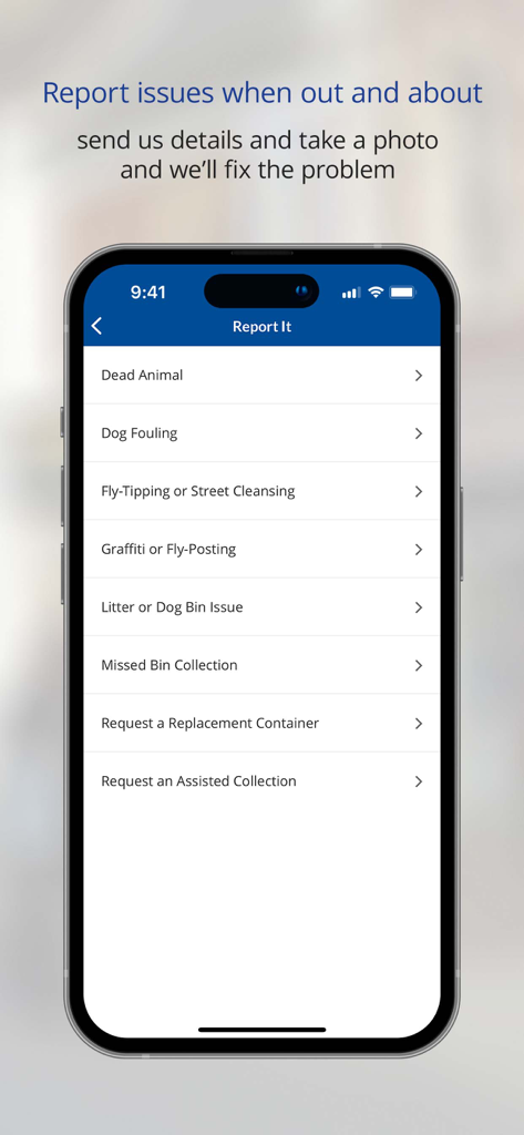 Southend Waste - Interface of the Southend Waste app showing options to report issues like fly-tipping and missed bin collections