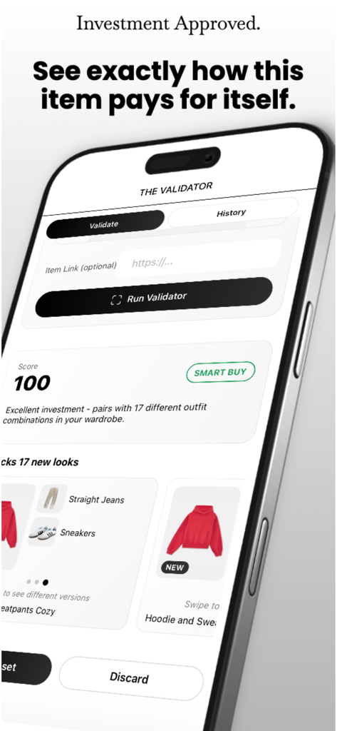 StylVerse - AI Outfit Planner - Pantalla del Validador de IA de StylVerse mostrando una puntuación de inversión de armario de 100 y combinaciones de atuendos sugeridas