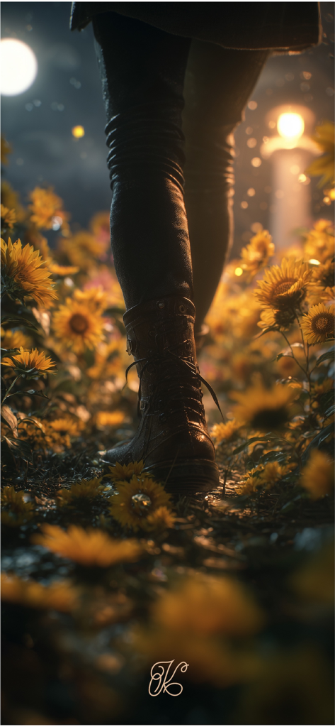 DreamScape: Compass Walls - Cinematic close up of boots walking through a field of sunflowers at night in a dreamy setting