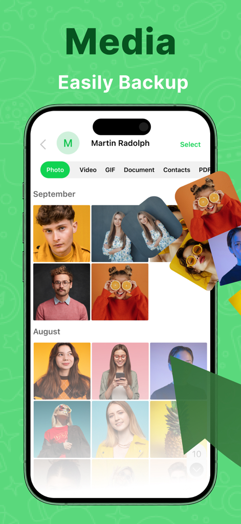 Recover Deleted Message Chat - App interface showing a media gallery for backed up photos and videos from chat history