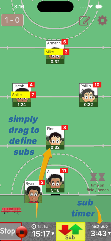 Who's On - Field Hockey - Interfaz de la aplicación para entrenadores de hockey sobre césped que muestra sustituciones de jugadores de arrastrar y soltar y cronómetros de partido